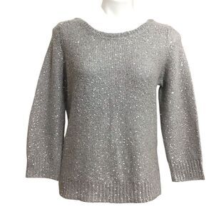 Eileen Fisher Gray Sequin Crew Neck Sweater  Long Sleeve Size Medium Petite